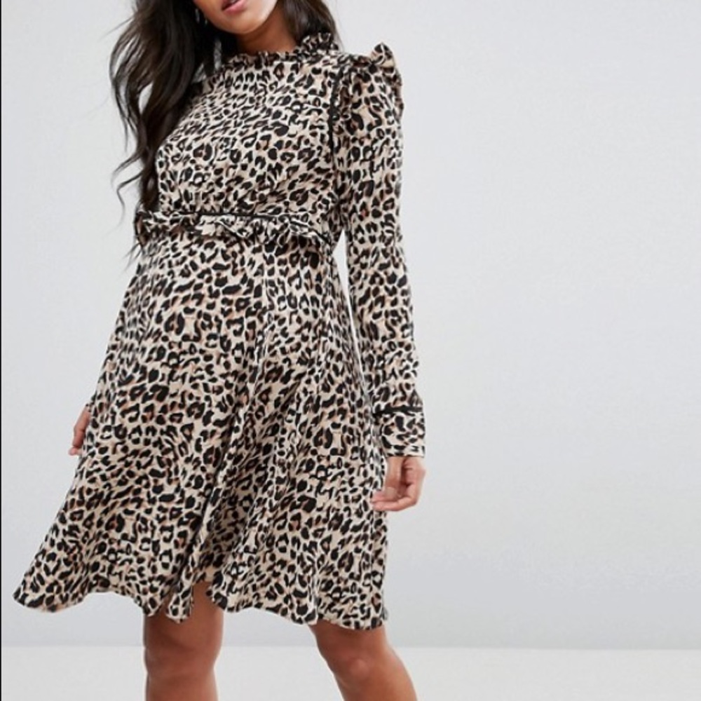 ASOS Cheetah High Neck Ruffle Skater midi dress